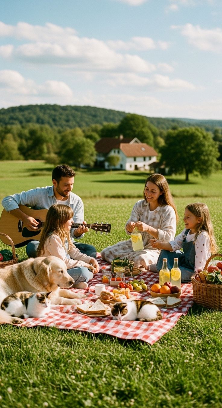 050 Family Picnic With Resting Pets At Golden Field Edge